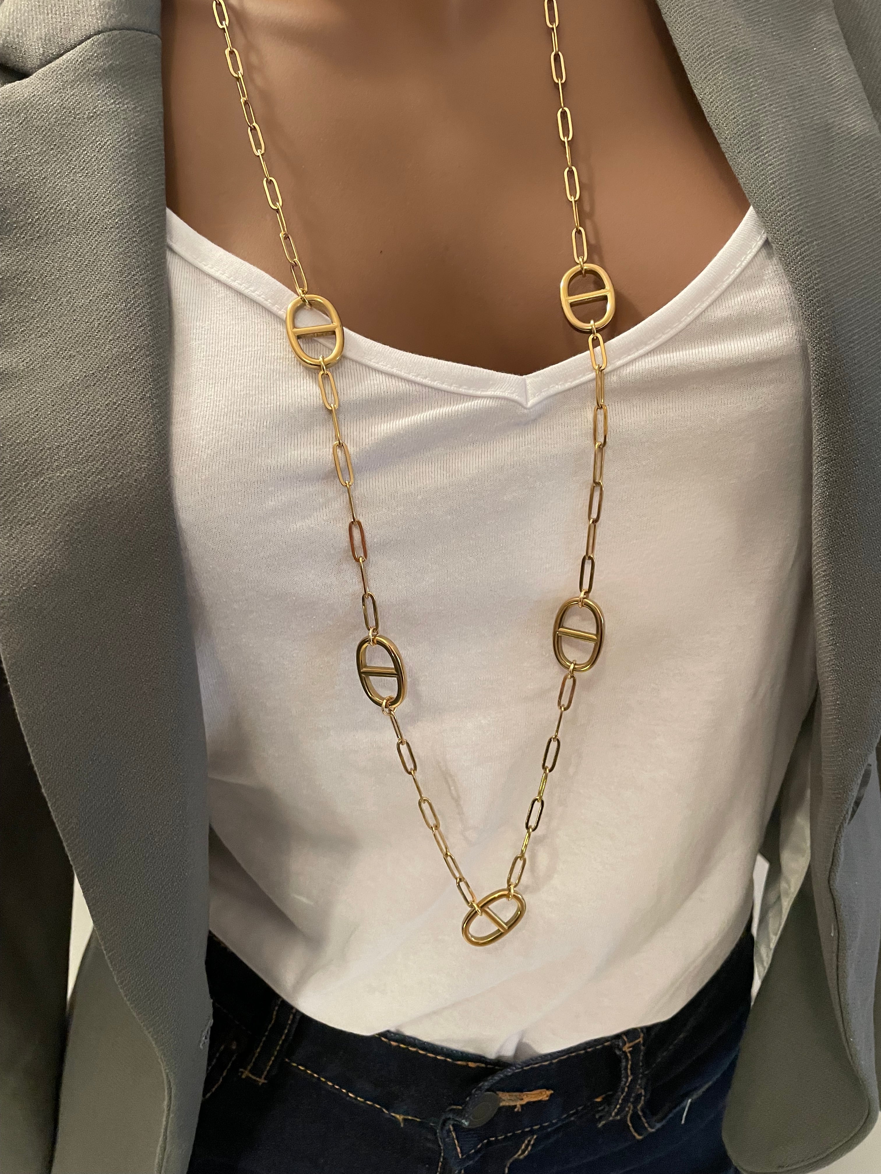 Collier sautoir acier inoxydable maille marine doré