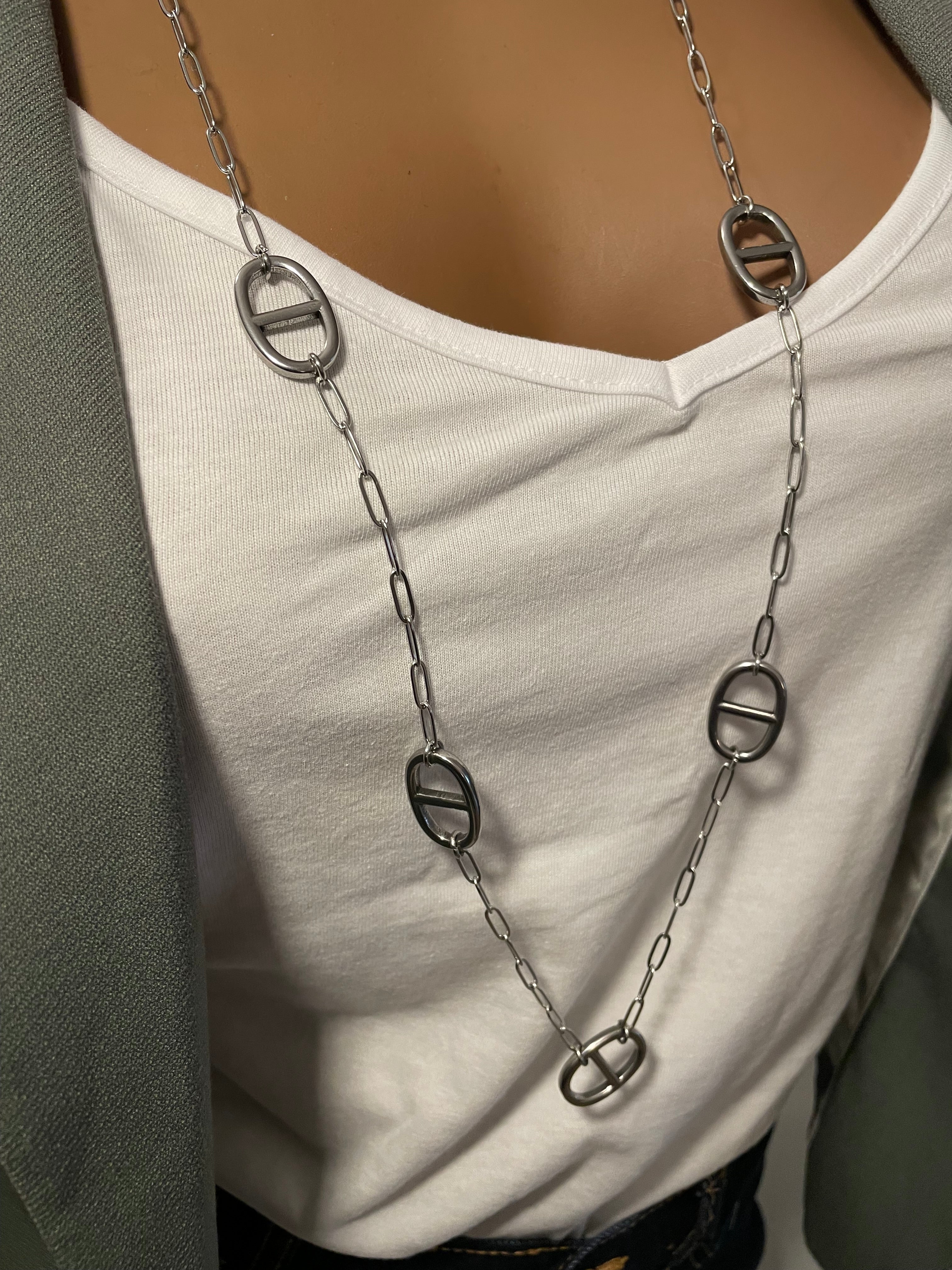 Collier sautoir acier inoxydable maille marine argenté